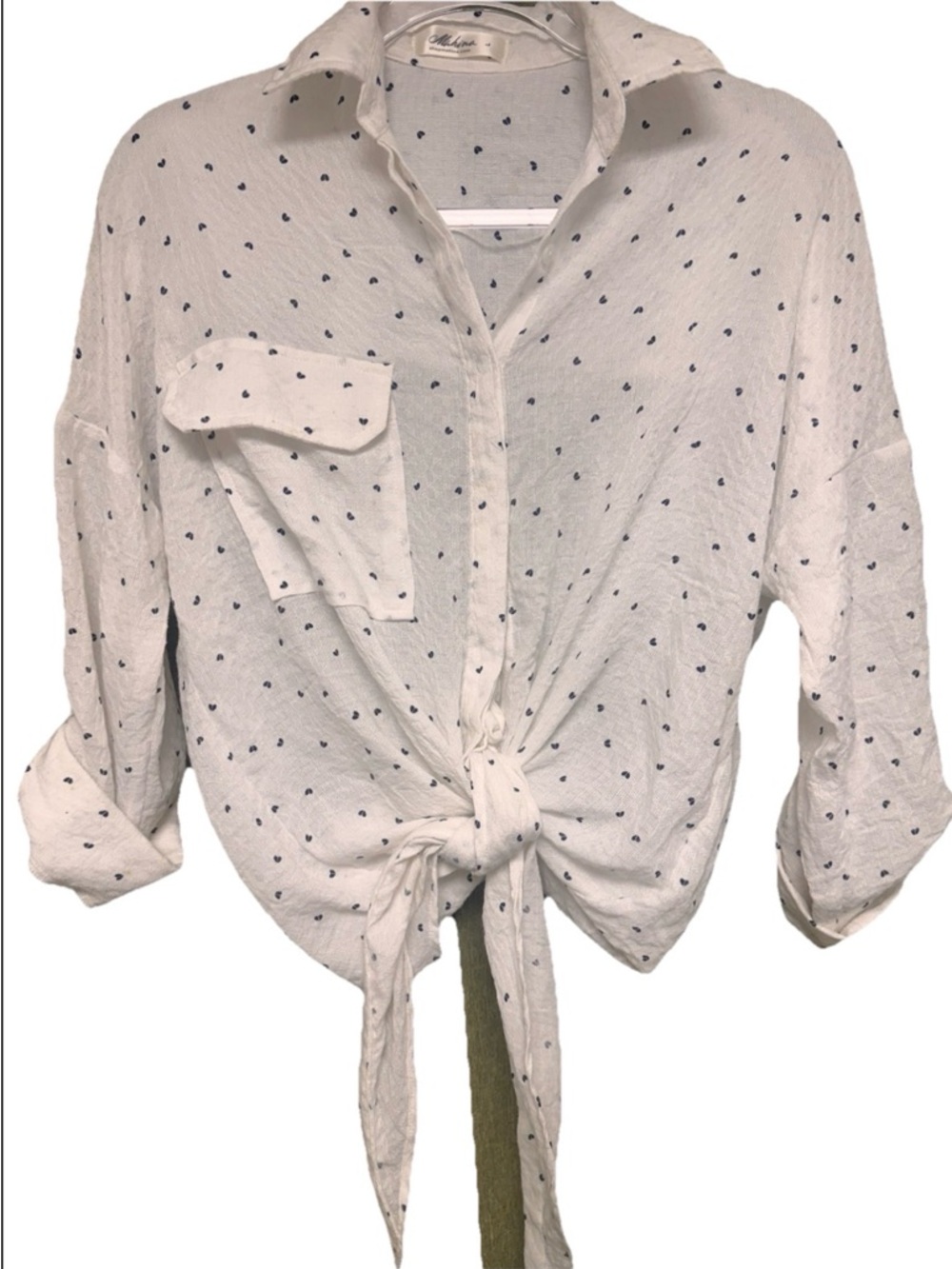 mahina White Button-Front Shirt with Navy Heart Dot Print